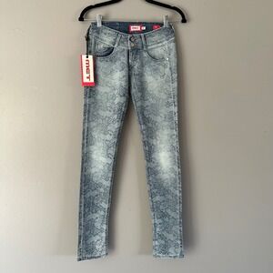 MET in Jeans Floral Blue Print Super Low Rise Italian Skinny Jeans | Medium Wash